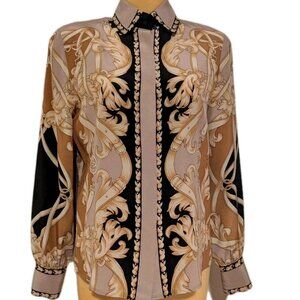 Vintage Luxury 100% Silk Baroque Button Down Shirt 6 Small Gold Black Italian